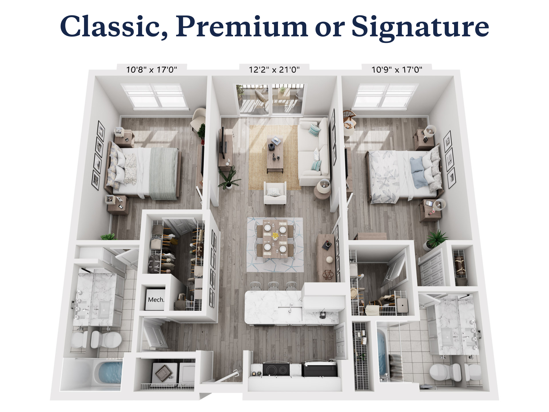 Floor plan for 2 beds, 2 baths, 1239 sqft